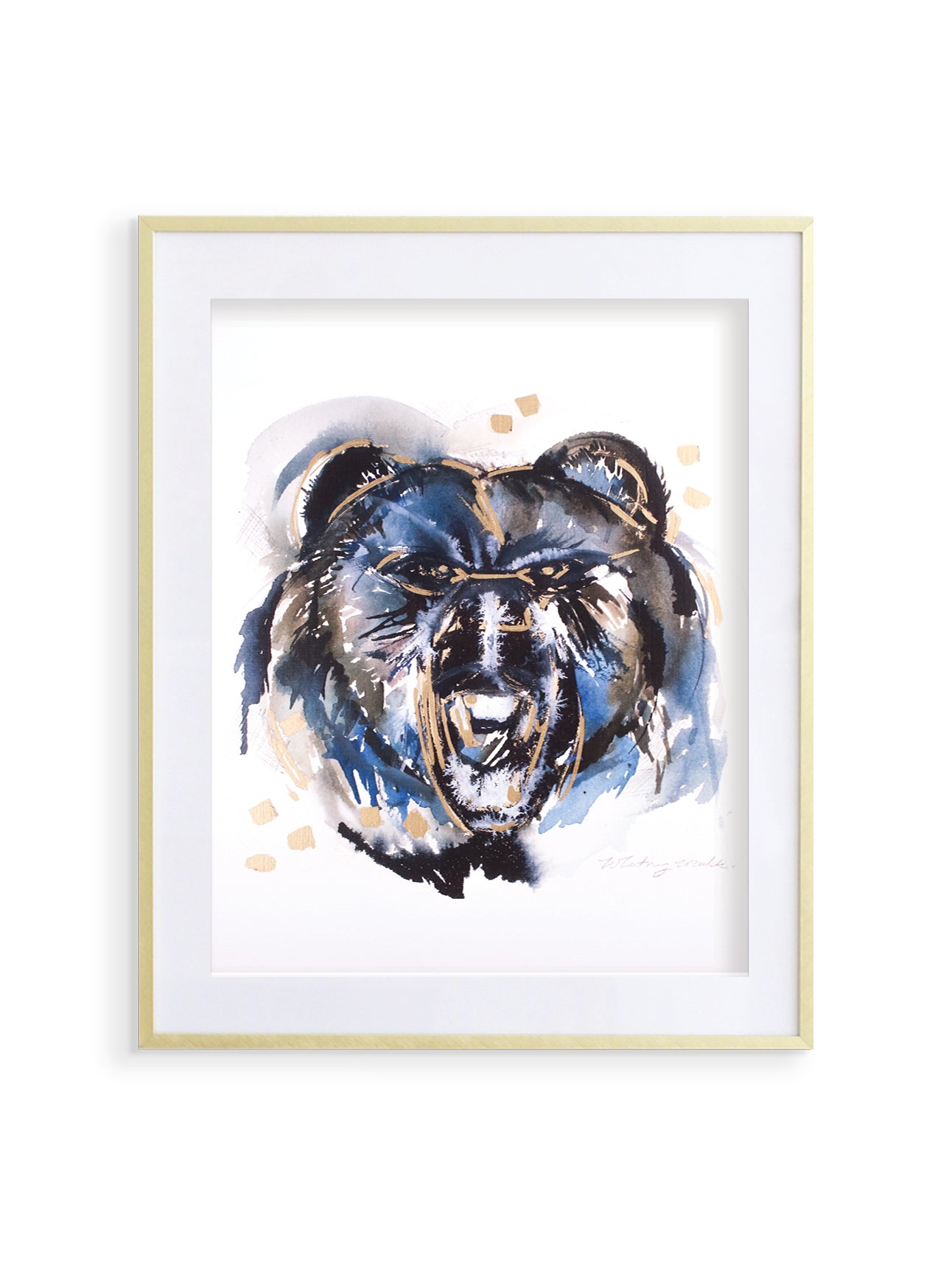 A framed and matted print featuring a stylized bear, predominantly in shades of blue and black, with metallic gold accents, on a white background.