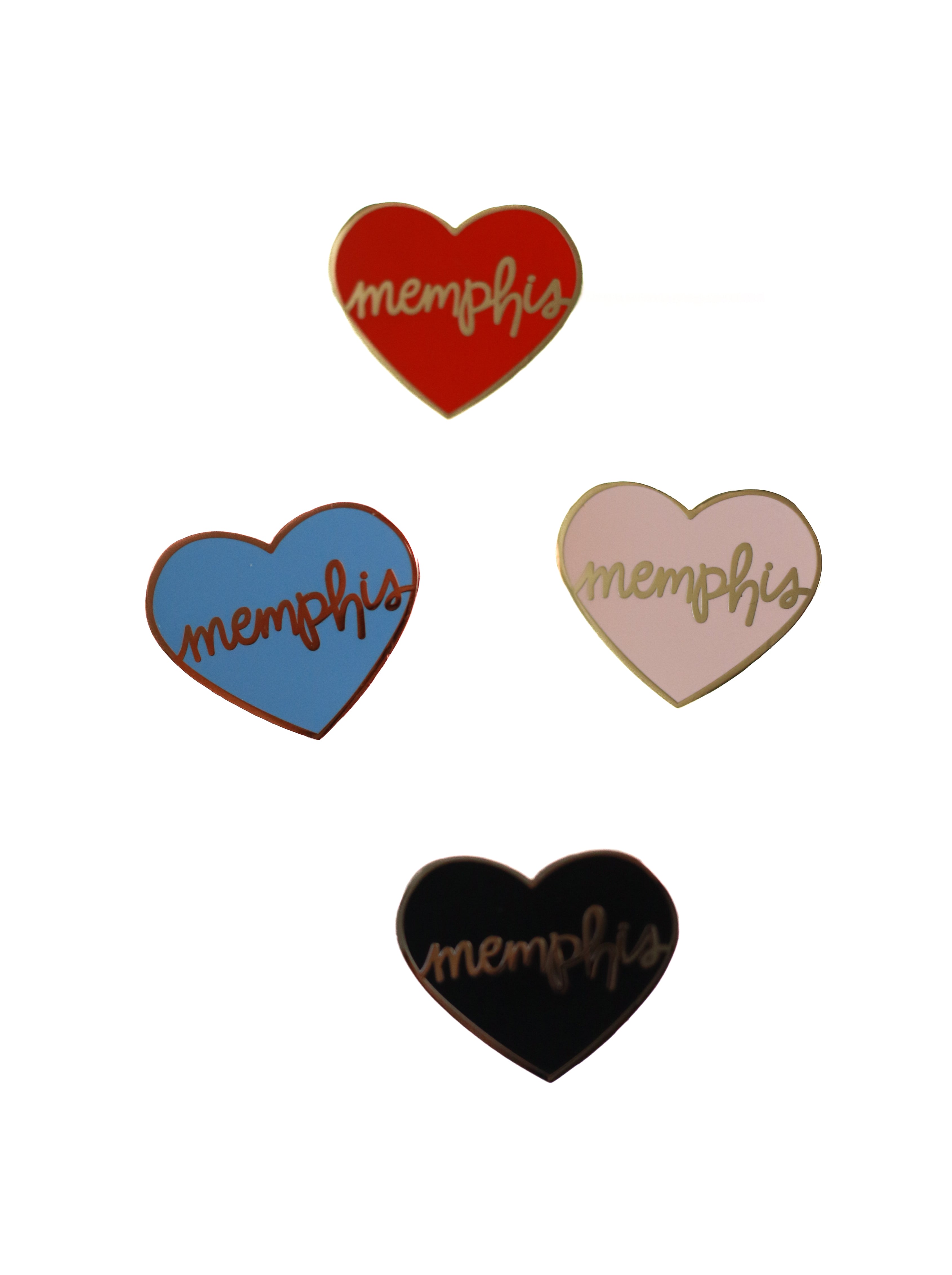 4 heart memphis enamel pins of different colors on white background