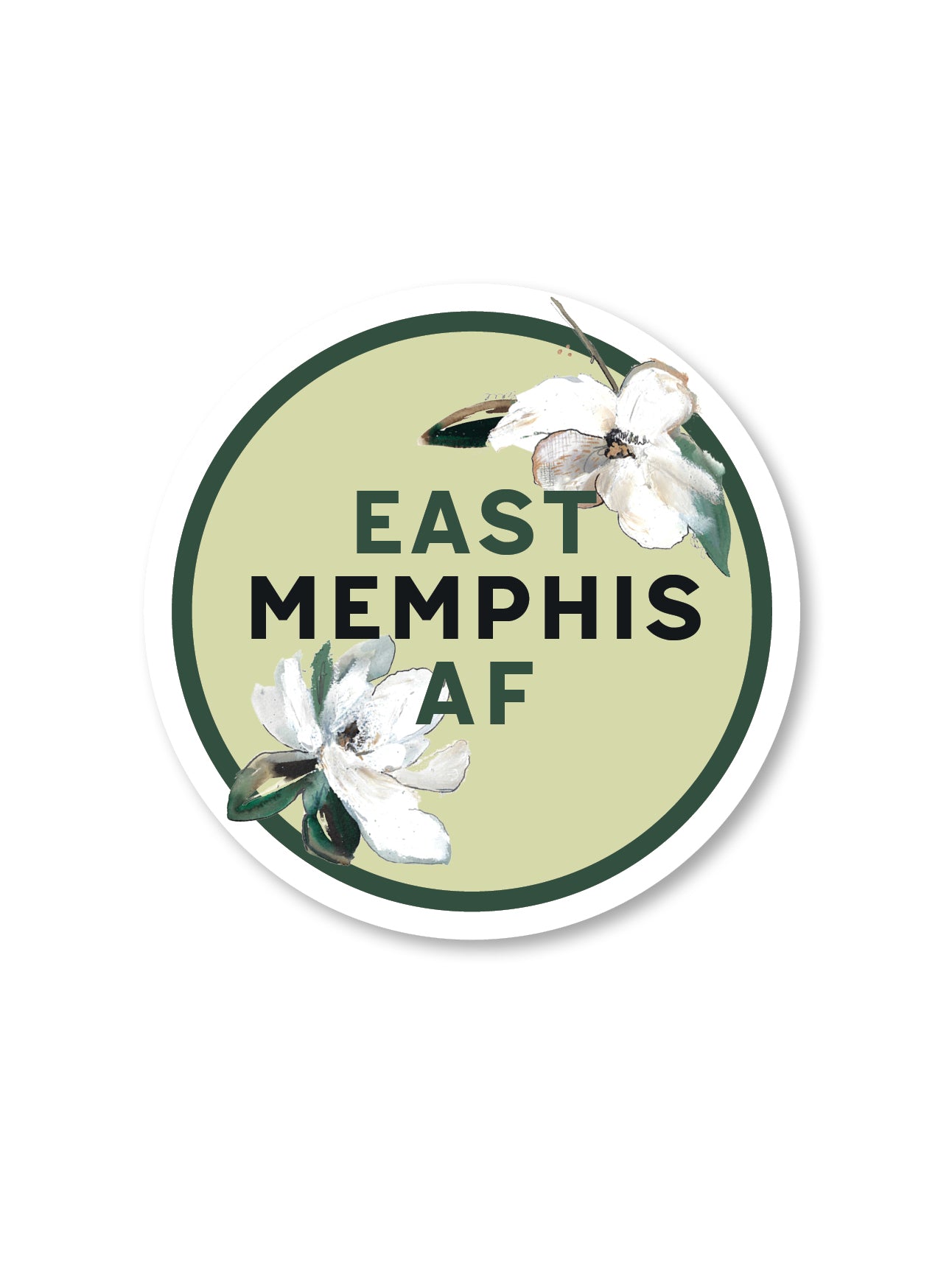 single green sticker that says east memphis af with white magnolia flowers