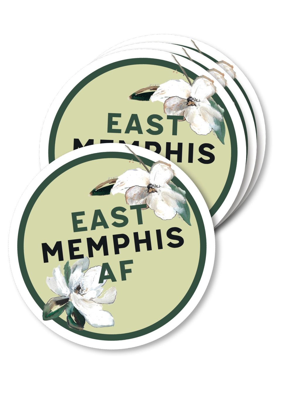 east memphis af green sticker with magnolia flowers on white background