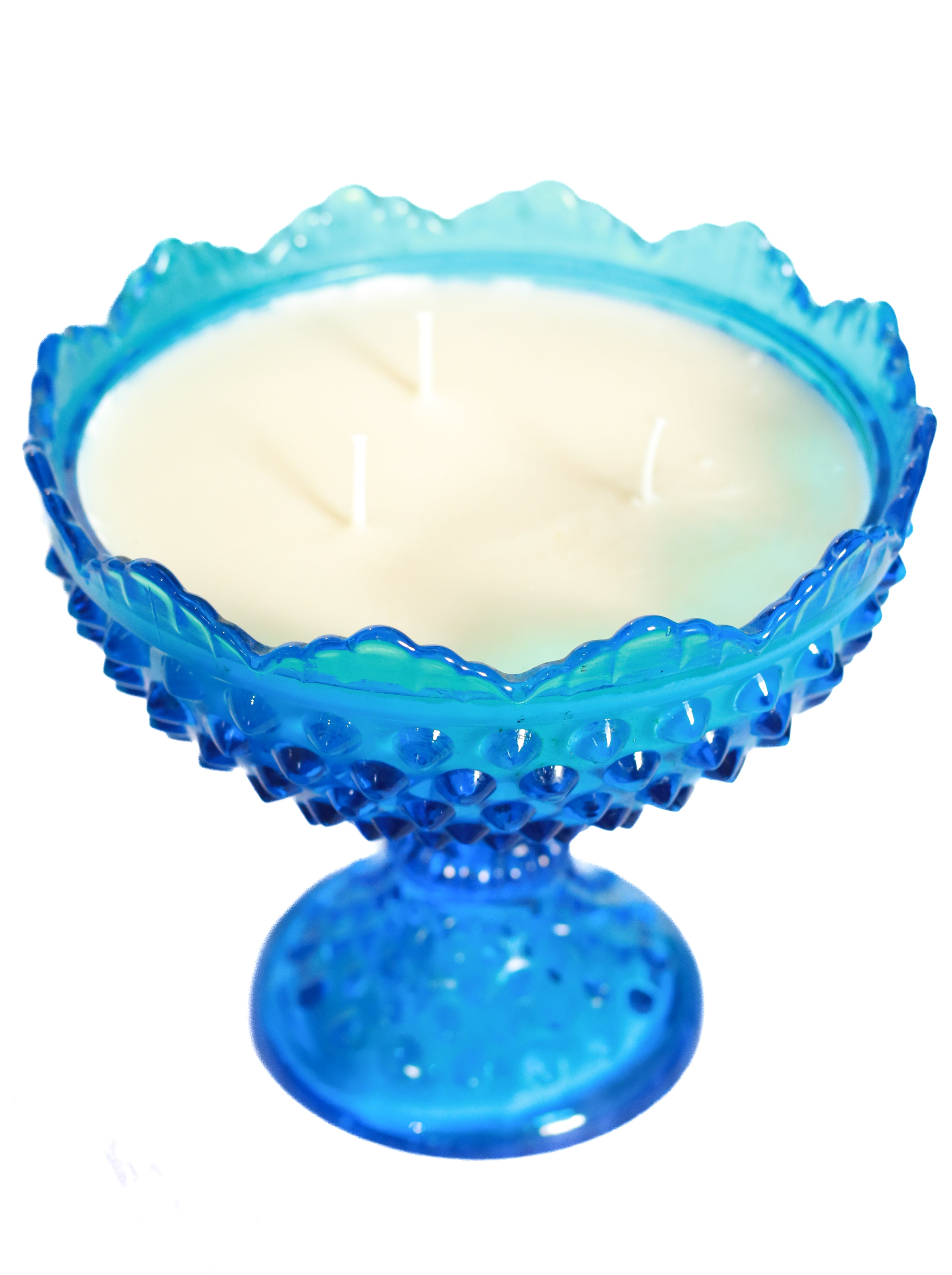 Blue Bubble Glass Pedestal Dish with Candle