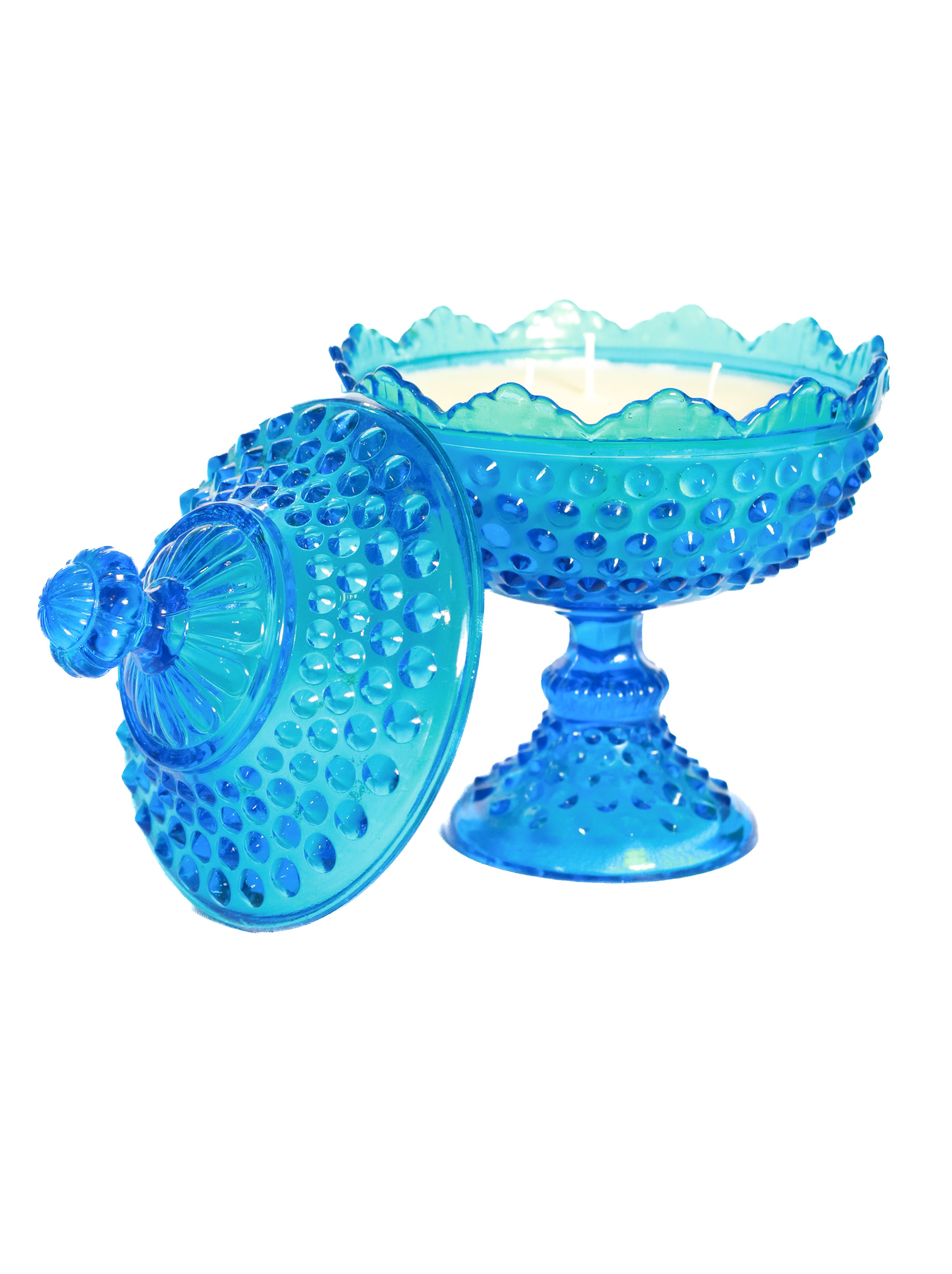 Blue Bubble Glass Pedestal Dish with Candle