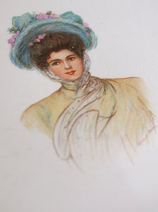 Vintage-style portrait of a woman with a blue hat and floral decorations on a light background
