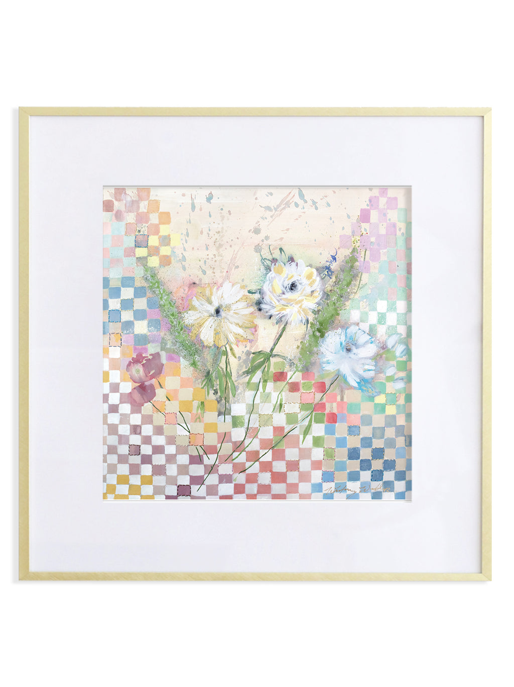 Framed artwork with floral design on a checkered background