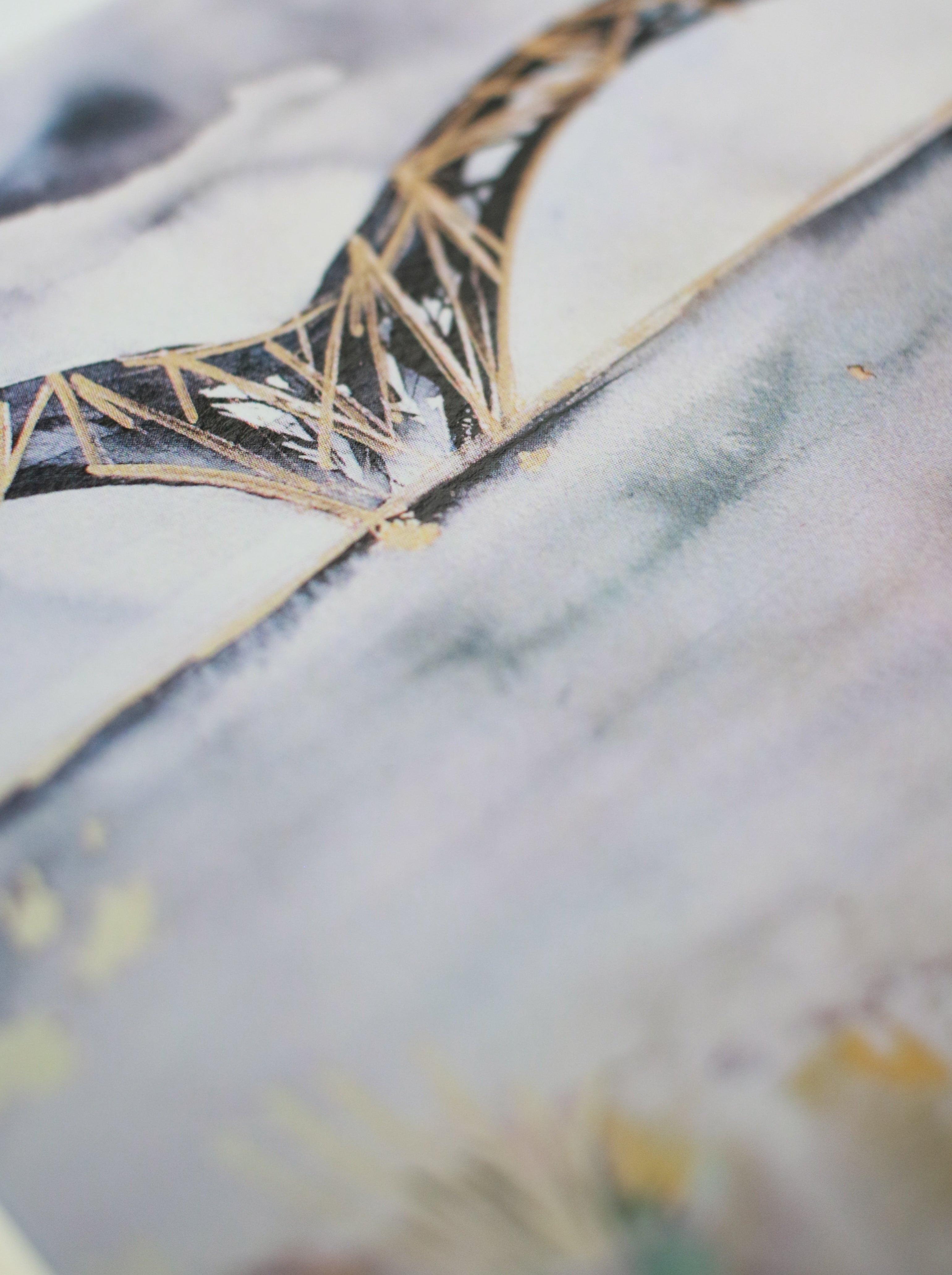 close up of memphis watercolor bridge on card stock stationery