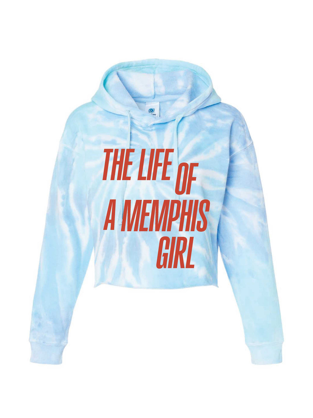 Light blue tie-dye hoodie with red text 'The Life of a Memphis Girl' on a white background