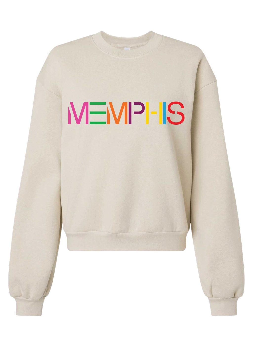 modern Beige sweatshirt with 'MEMPHIS' in colorful letters on a cream background