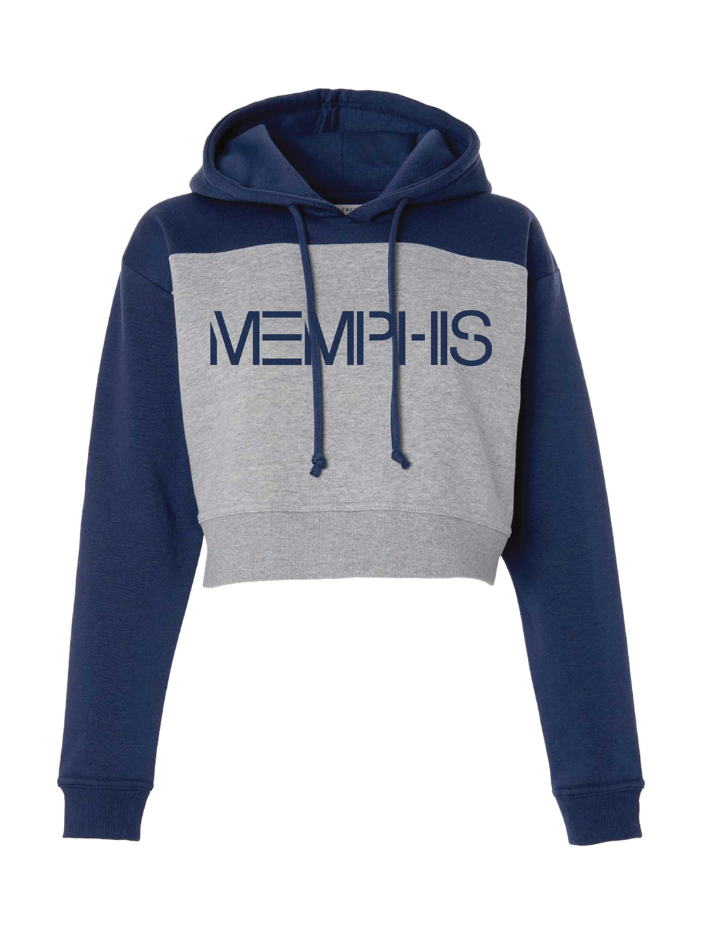 Two-tone blue and gray hoodie with 'MEMPHIS' text on a grey background