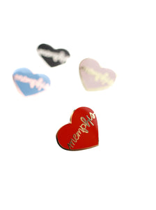 4 heart memphis enamel pins on white background red heart in focus