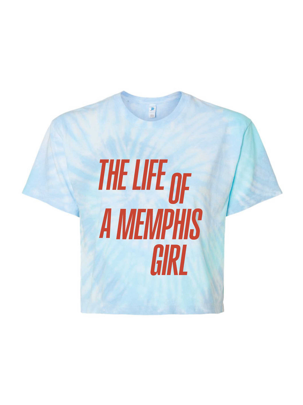 Light blue tie-dye t-shirt with red text 'The Life of a Memphis Girl' on a white background