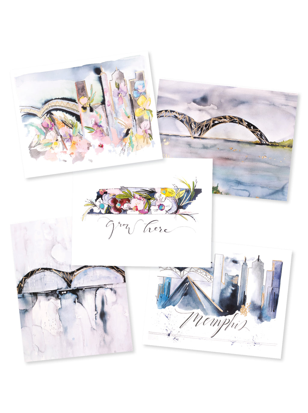 multiple watercolor memphis scenes on cards 