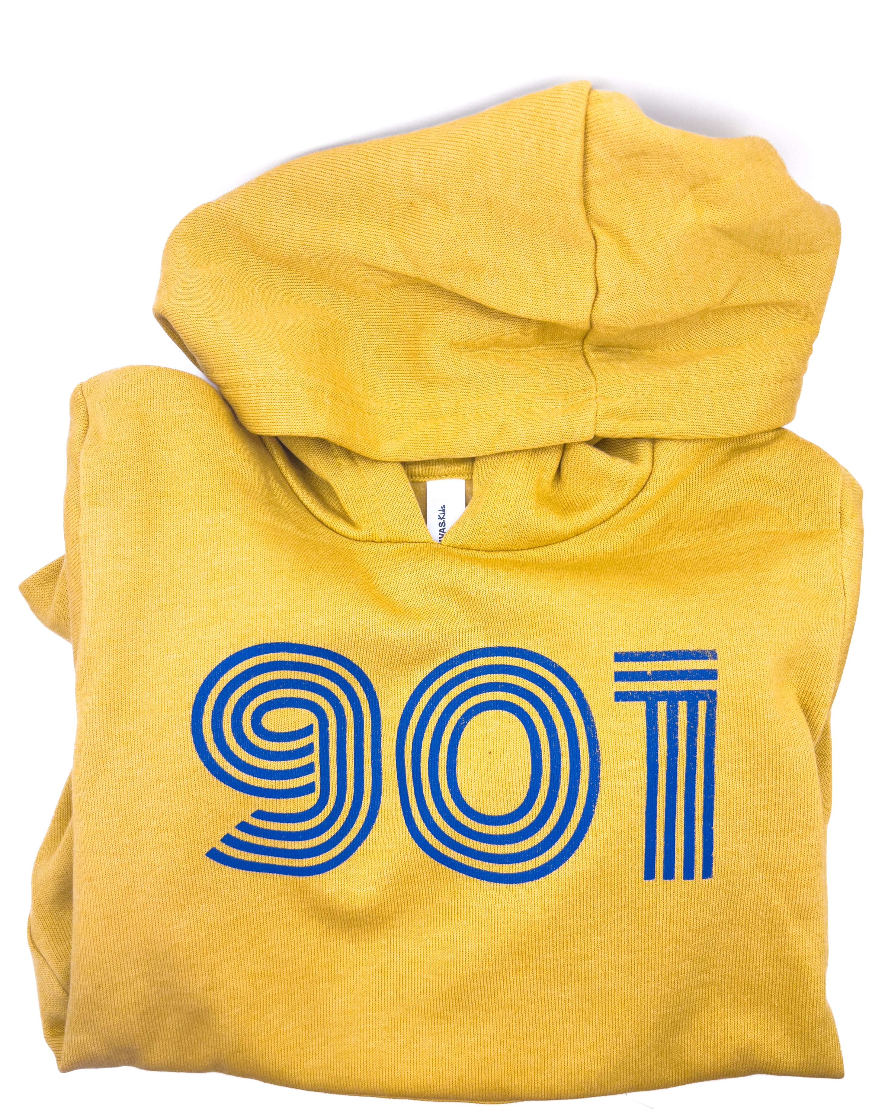 A mustard yellow hoodie with the text '901' and a blue stripe design folded