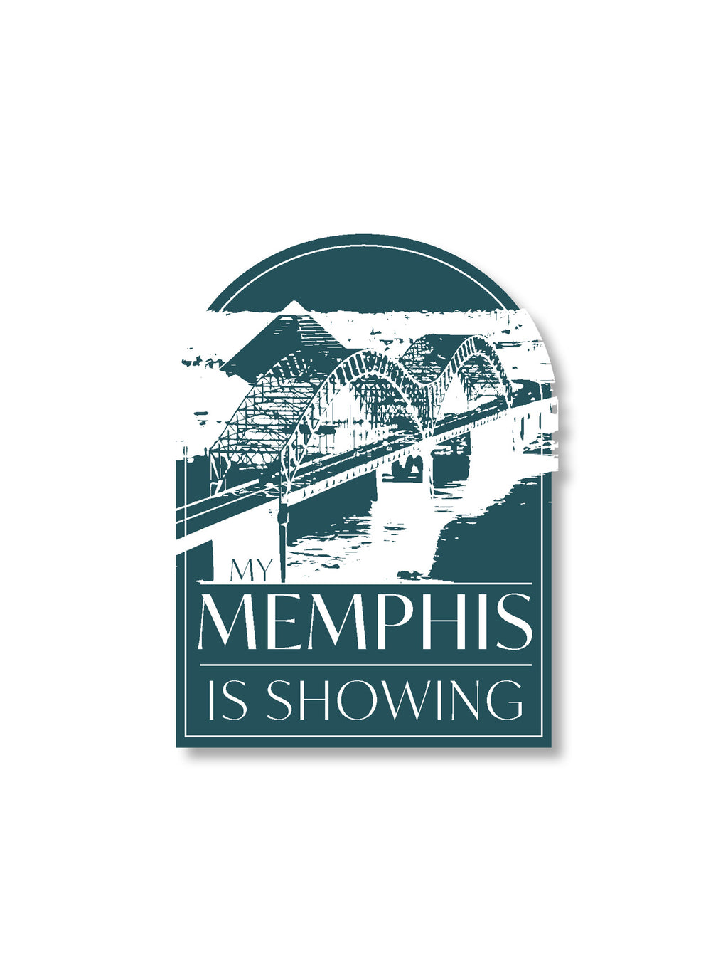 An arched rectangular vinyl sticker with a blue, white, and gray color scheme, featuring text and a graphic design representing Memphis.