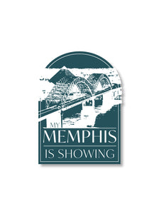 An arched rectangular vinyl sticker with a blue, white, and gray color scheme, featuring text and a graphic design representing Memphis.