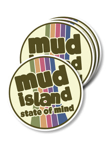 rainbow striped circle sticker with mud island state of mind on it