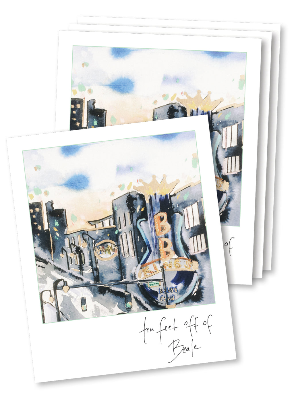 stack of Beale Polaroid sticker with watercolor beale print with bb king's sign and white frame