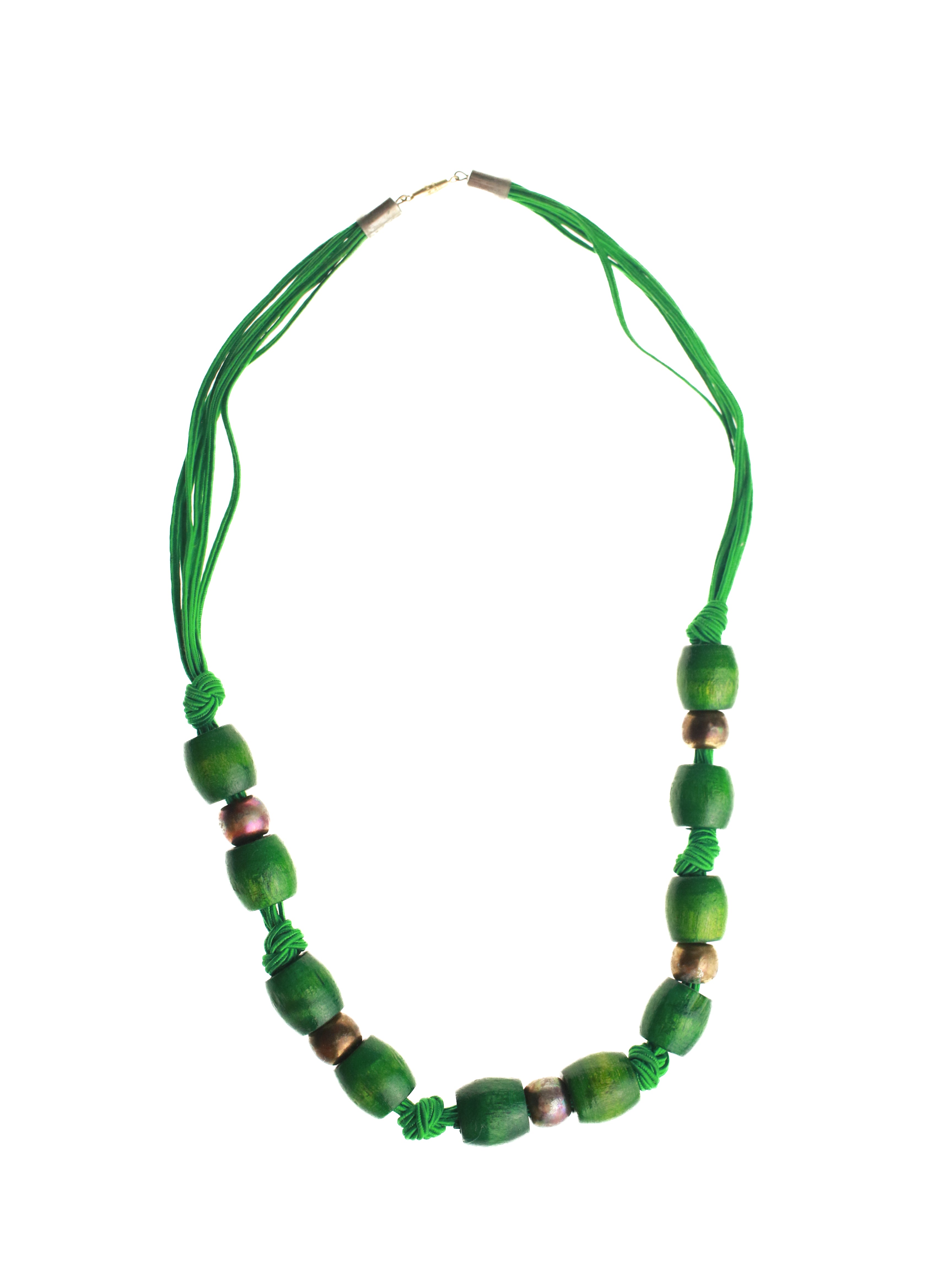Green beaded necklace on a white background