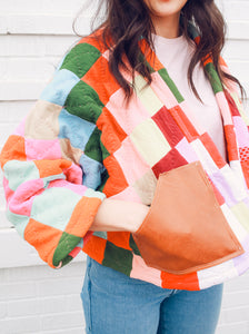 Cropped Patchwork Quilt Coat w/ Pockets