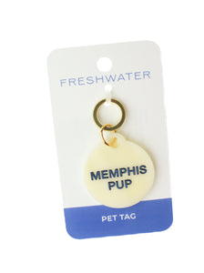 memphis pup white acrylic dog tag with blue lettering