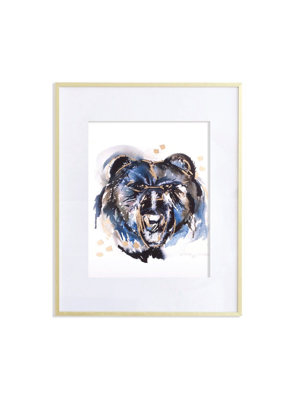 Artwork of a bear's face with metallic gold accents, framed in a gold frame.