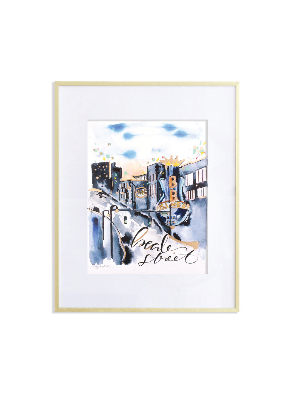 A framed print of Beale Street featuring a cityscape with metallic gold accents, predominantly in blue and white tones.