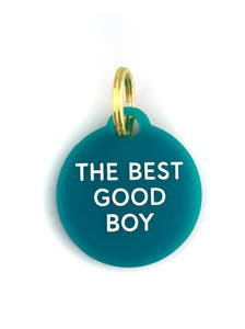 the best boy in white lettering on a blue acrylic dog tag on a white background