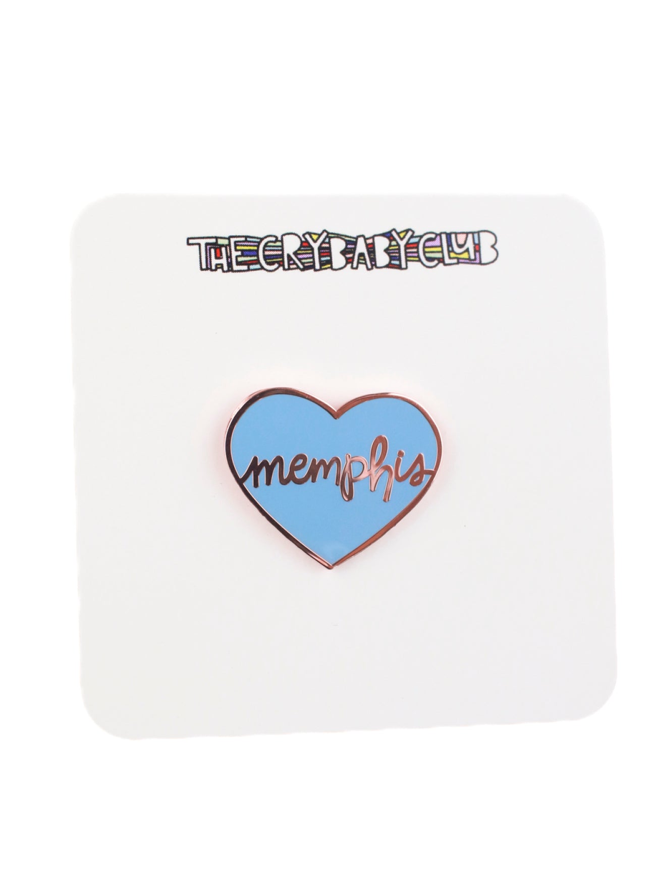 blue enamel pin with cursive memphis