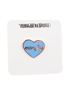blue enamel pin with cursive memphis