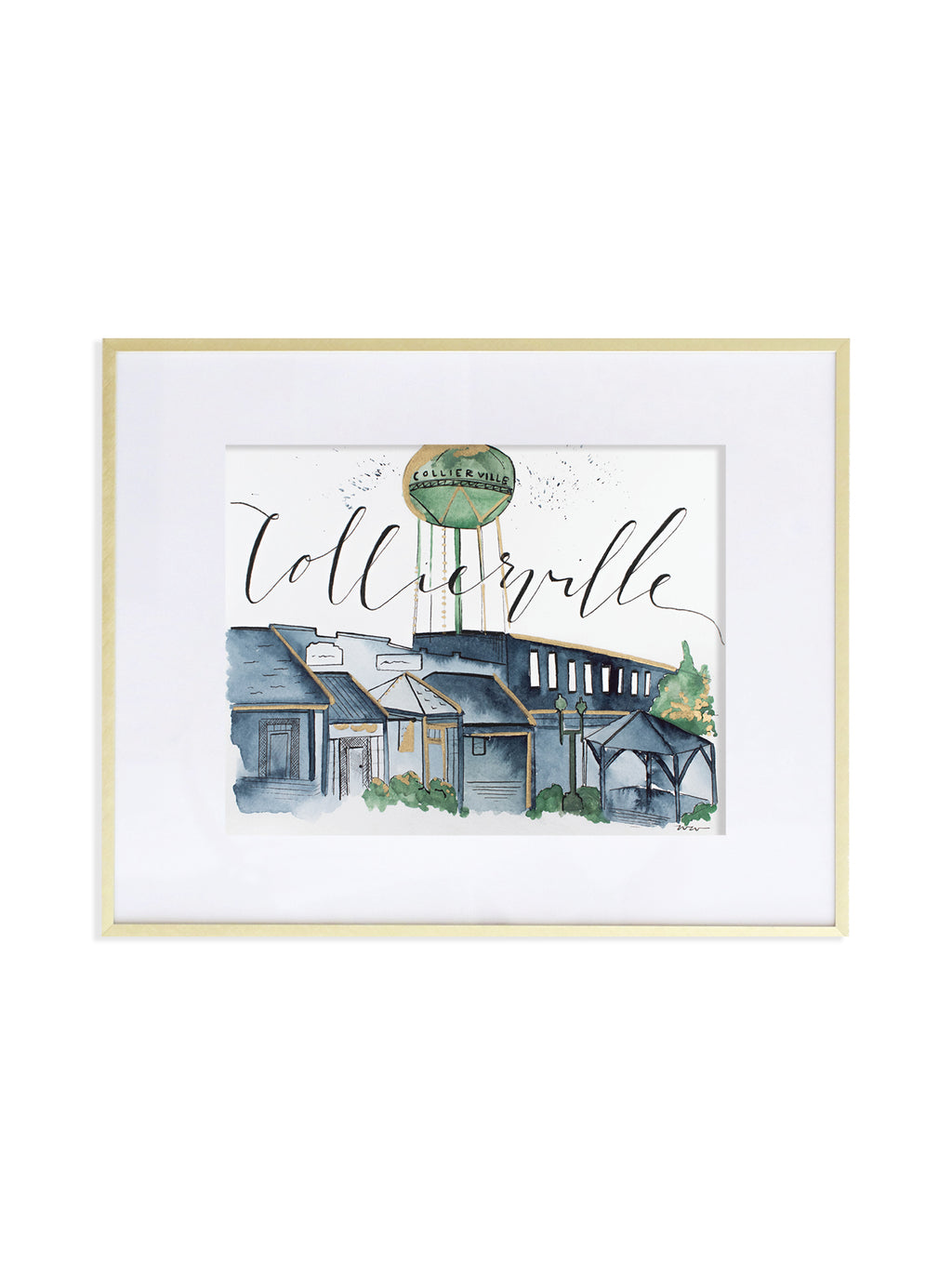 collierville tennessee town watercolor print with greens and blues and gold accents
