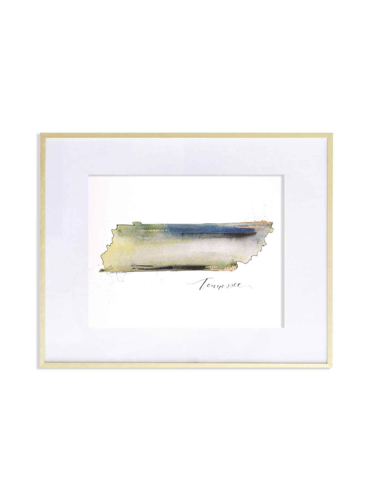 watercolor print of greens blues and beiges with hints of gold and tennessee lettering underneath