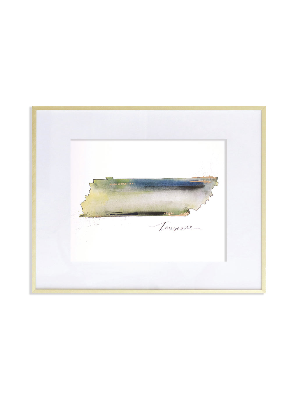 watercolor print of greens blues and beiges with hints of gold and tennessee lettering underneath