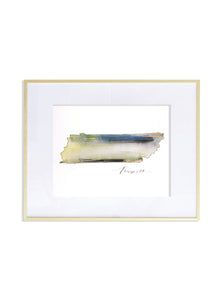 watercolor print of greens blues and beiges with hints of gold and tennessee lettering underneath