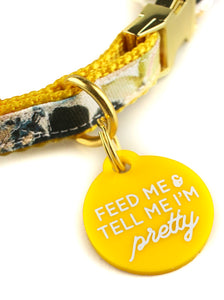 yellow collor and dog tag with white lettering that says feed me and tell me im pretty on white background