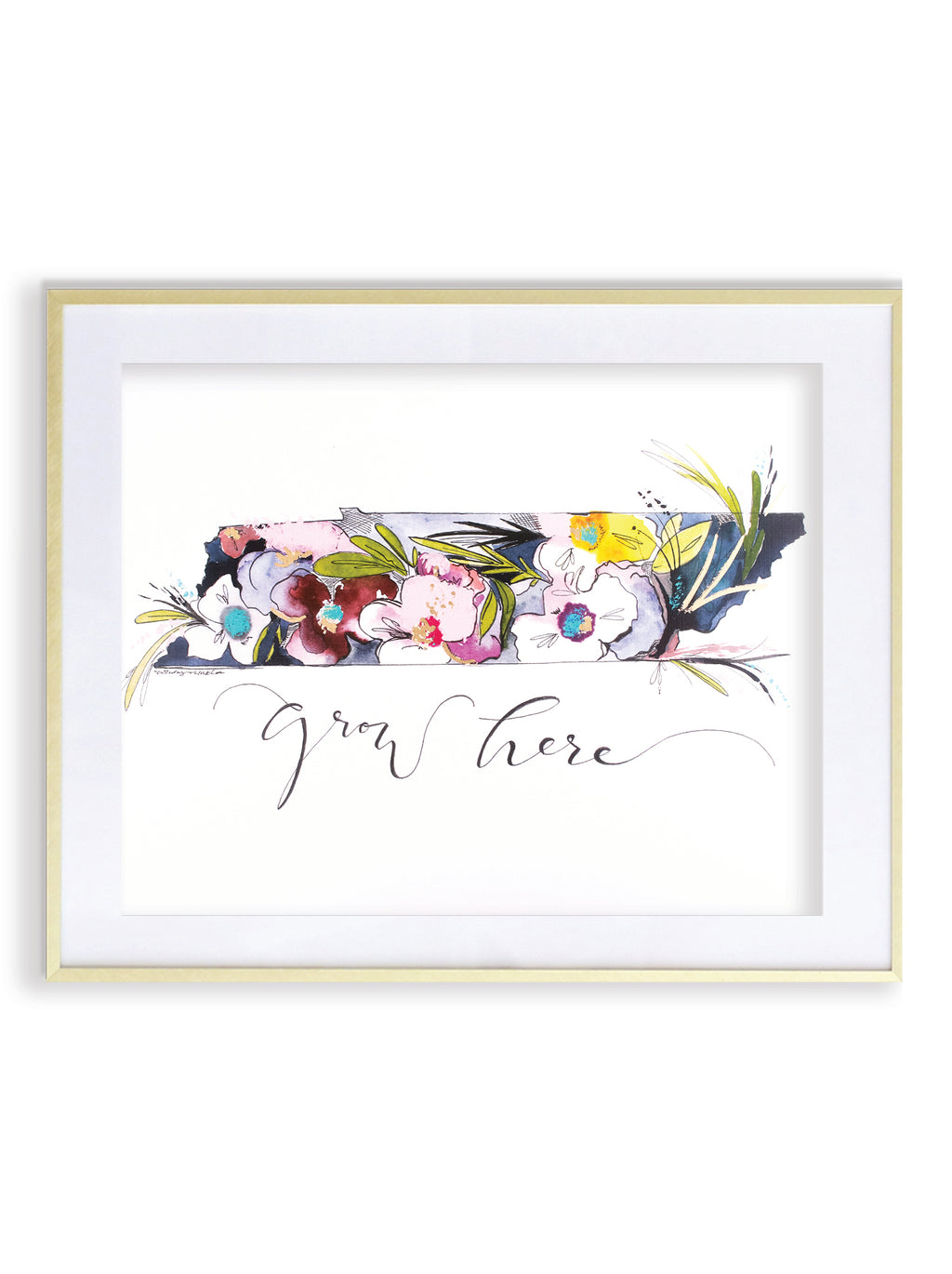 multicolor floral watercolor print on white background with handscripted grow here lettering