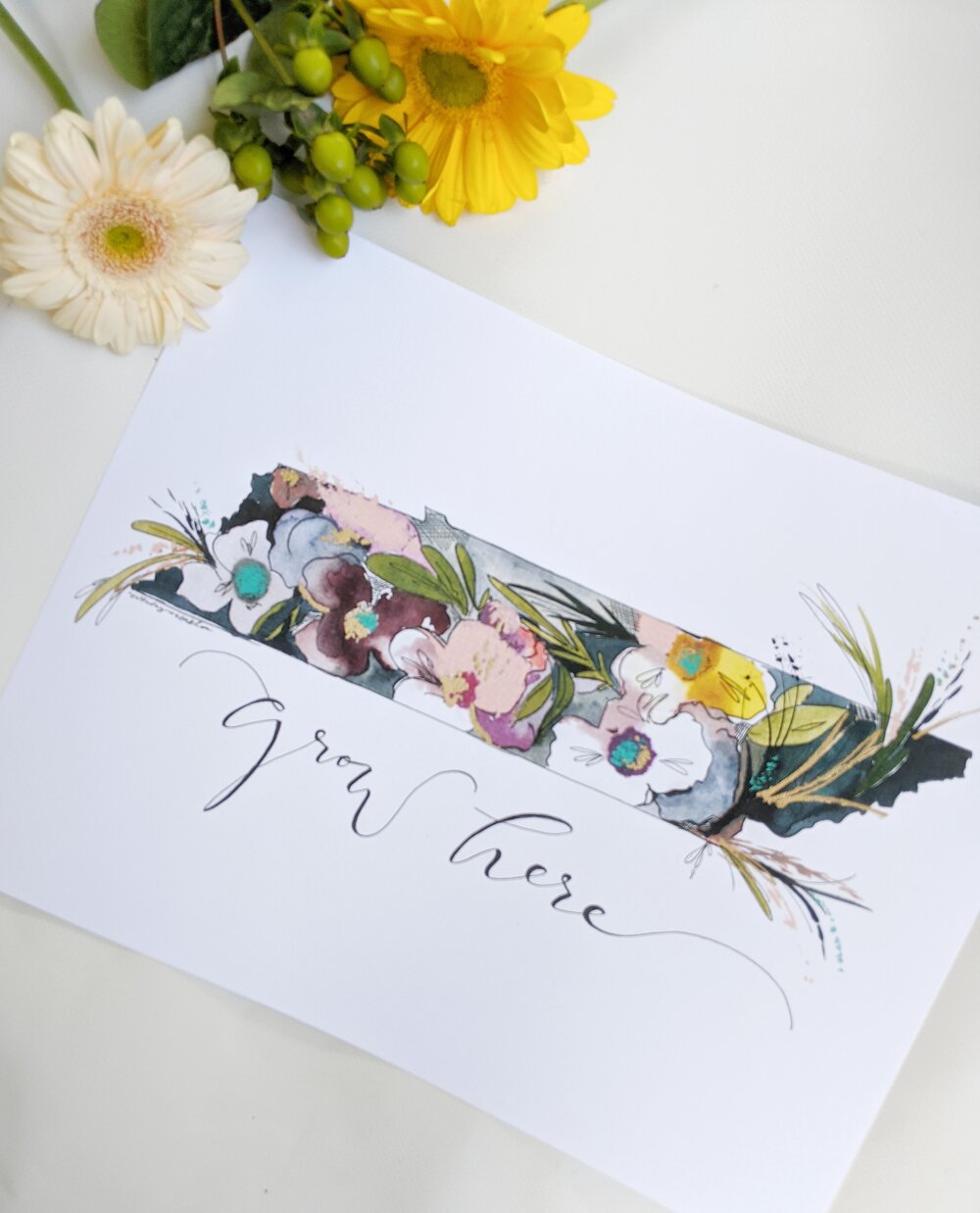 grow here watercolor print with multicolor flowers and greenery