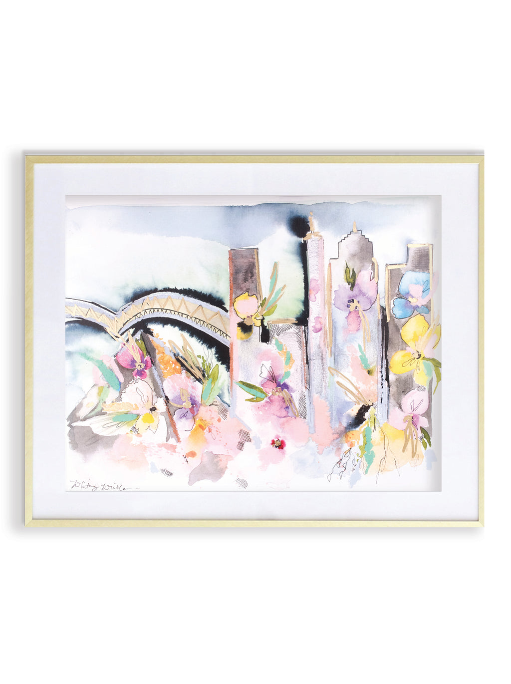 An 11x14 print depicting a abstract cityscape with floral elements, featuring metallic gold accents, framed in a gold frame.