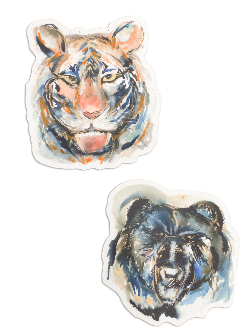 Two die-cut stickers, one featuring a tiger and the other a bear, on a white background.