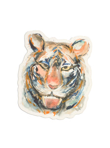 a die-cut sticker featuring a tiger on a white background.