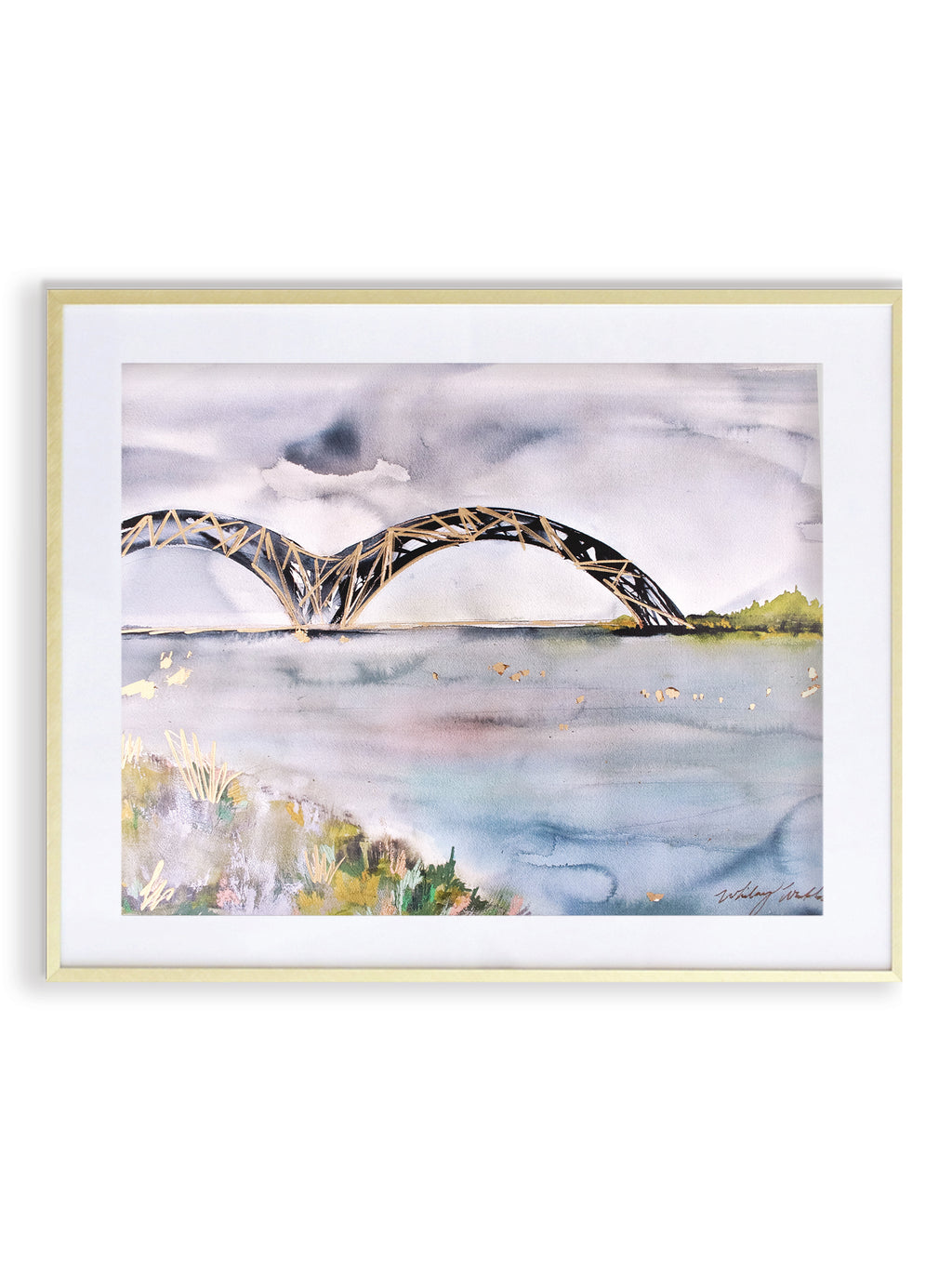A framed artwork print depicting a bridge over water with a white border and metallic gold accents, displayed in a landscape orientation.