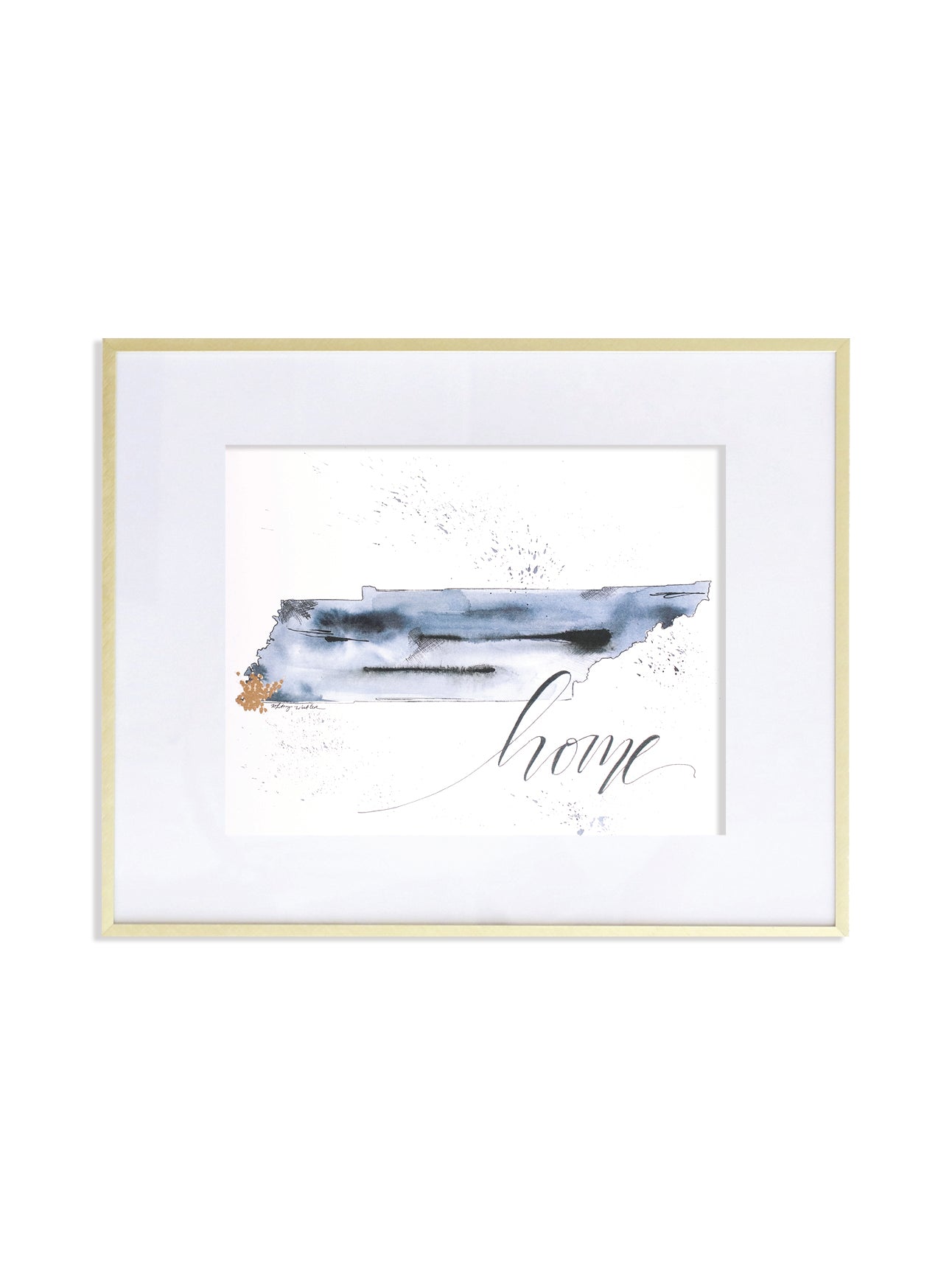 watercolor tennessee print with gold highlighting memphis on white background and says home
