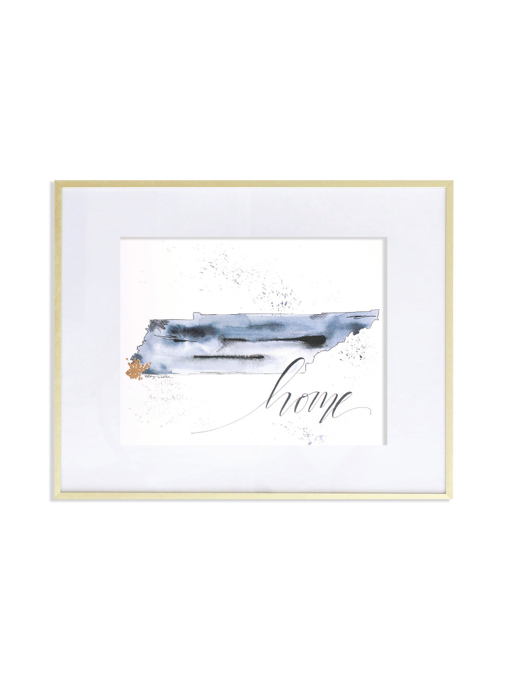 watercolor tennessee print with gold highlighting memphis on white background and says home